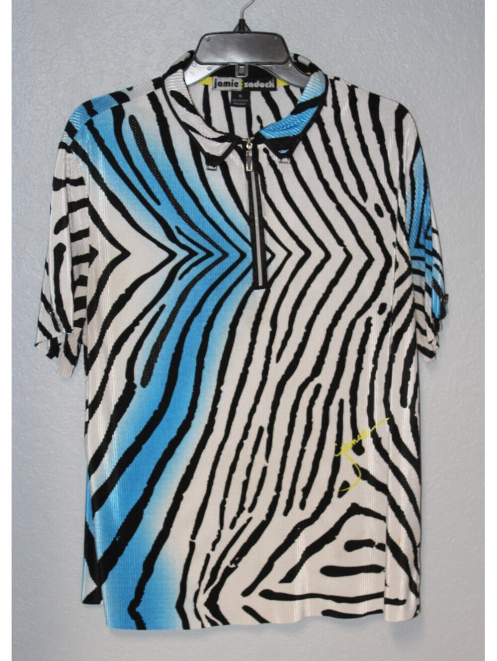 JAMIE SADOCK CRINKLE RIBBED 1/4 Zip Women XL Short Sleeve Golf Top Zebra Striped